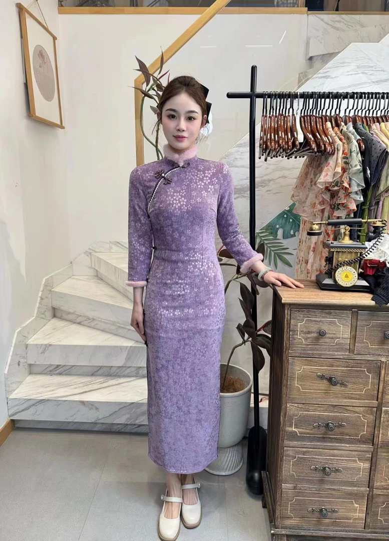 苏禧禧冬季旗袍 雪尼尔设计师新款气质加绒加厚国风旗袍