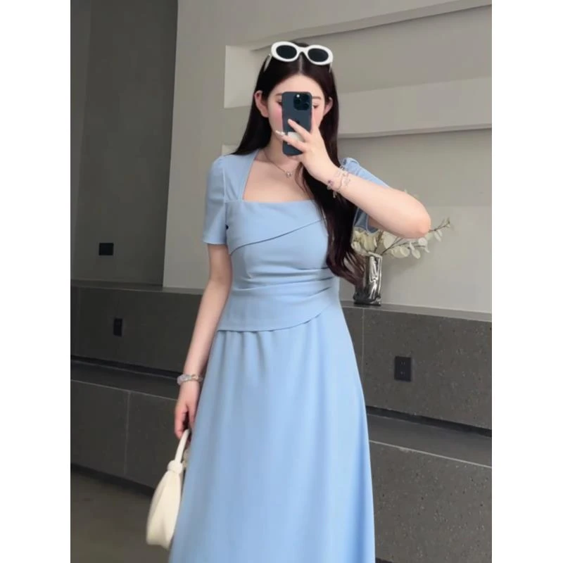 现货1【团子】06031C 胖mm夏季穿搭气质短袖外穿设计感方领连衣裙