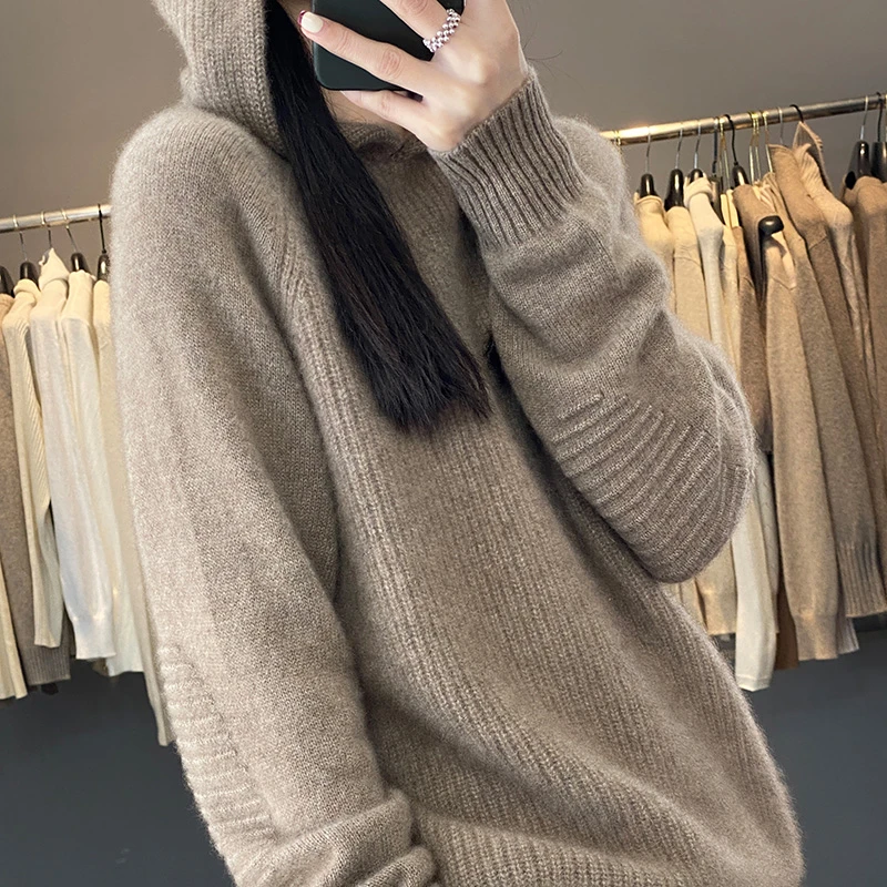 年底浮力清仓 加厚100羊毛衫女连帽卫衣 休闲宽松带帽羊毛毛衣
