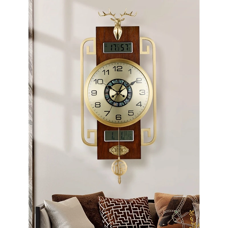 2023新款新中式黄铜万年历挂钟高档客厅挂墙时钟轻奢创意家用钟表