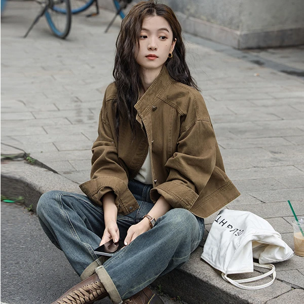 苏眠复古咖色牛仔短外套2025春季新款小众宽松立领工装夹克上衣女