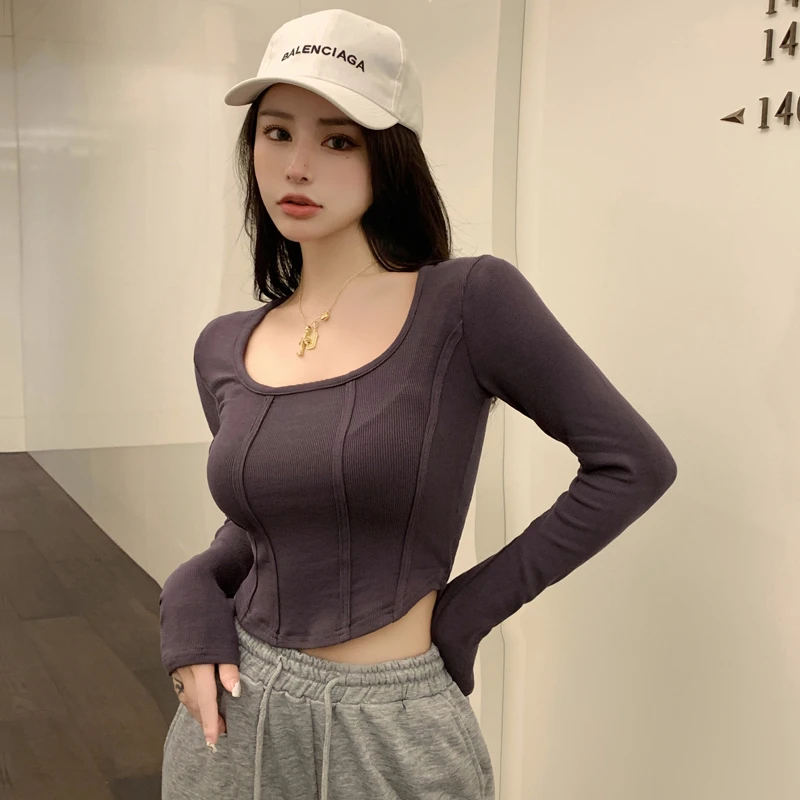 方领2023早秋韩版百搭修身辣妹款鱼骨内搭打底长袖女上衣T恤