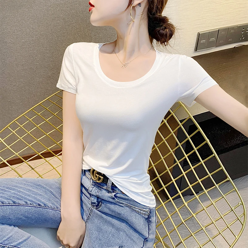 白色莫代尔短袖t恤女夏季薄款内搭半袖体桖修身低领正肩上衣ins潮