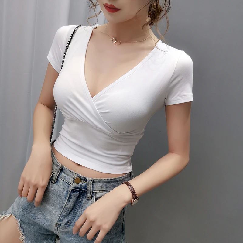 短款t恤女短袖高腰露脐交叉v领性感低胸大领口小心机设计感上衣潮