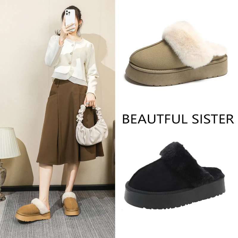 羊毛包头拖女外穿厚底真皮2024毛毛拖鞋防滑雪地靴加厚半拖76089