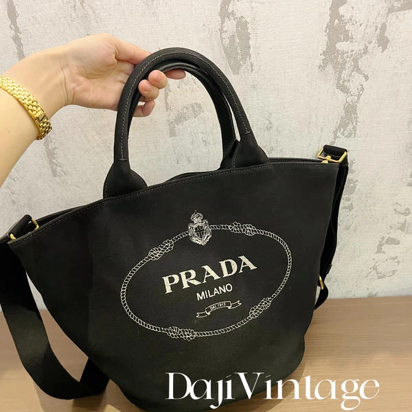 大吉中古/Prada黑色菜篮子沙滩斜挎包