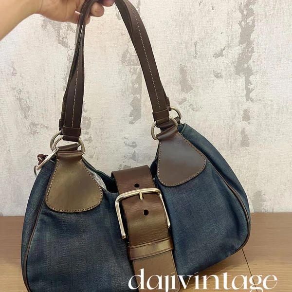 大吉中古/Prada牛仔蓝拼色hobo单肩包