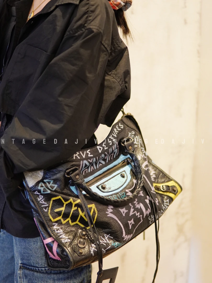 95新 Balenciaga/巴黎世家 大吉中古/黑色涂鸦机车手提单肩包