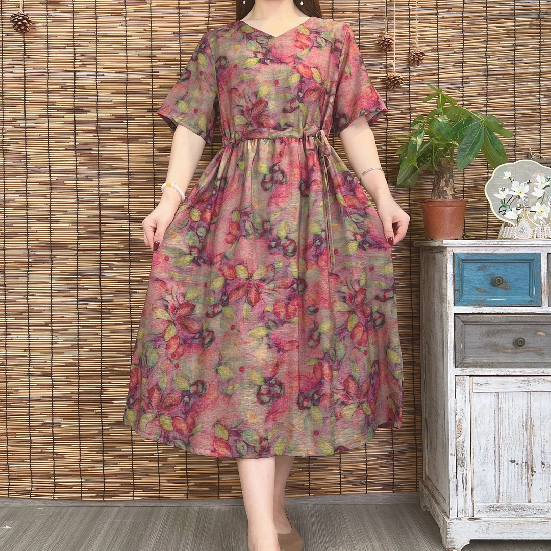 65新款文艺优雅宽松连衣裙时尚A字版印花长款大摆复古连衣裙8091