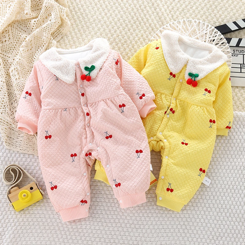 秋冬女宝宝连体棉服洋气韩版公主长袖保暖外出服刺绣樱桃薄棉哈衣