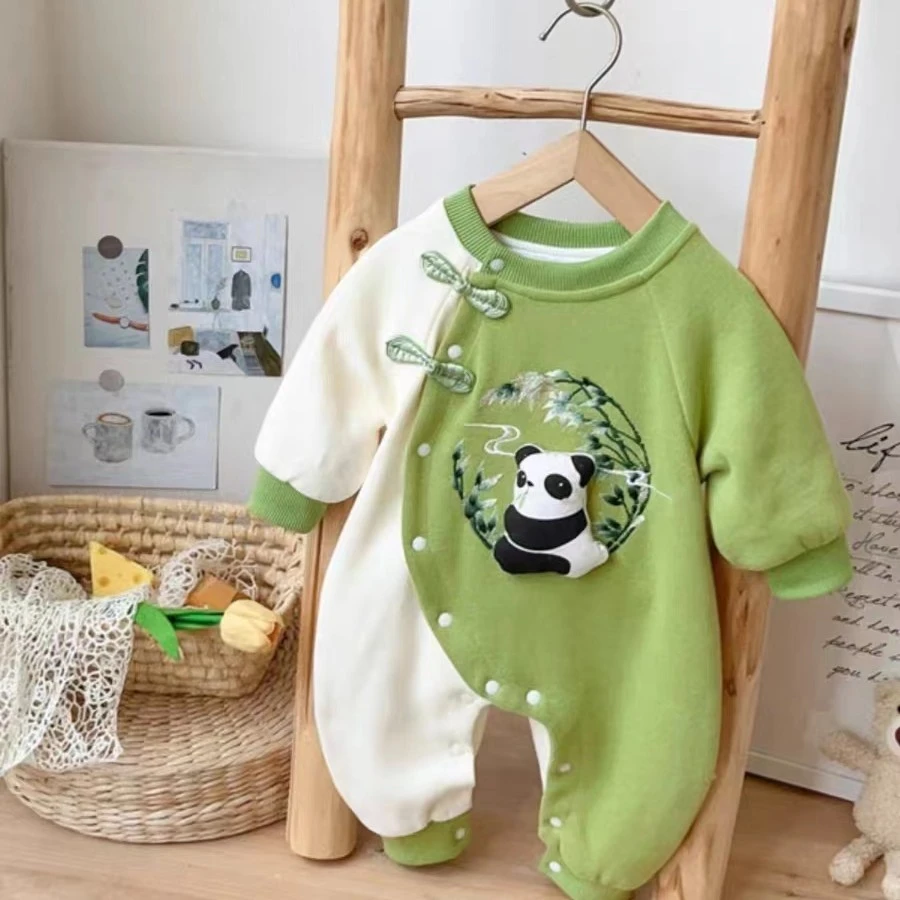 宝宝爬爬服春秋新生儿秋季幼儿双层连体衣中国风熊猫哈衣儿童长袖