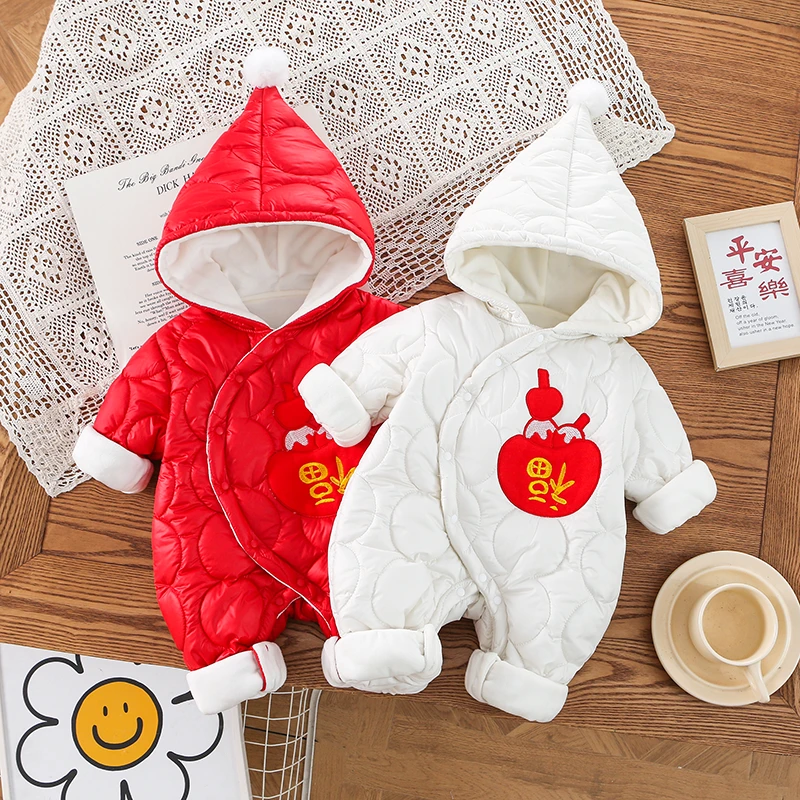 婴儿厚棉衣婴儿拜年服宝宝连体衣加绒加厚福气多多绗棉哈衣