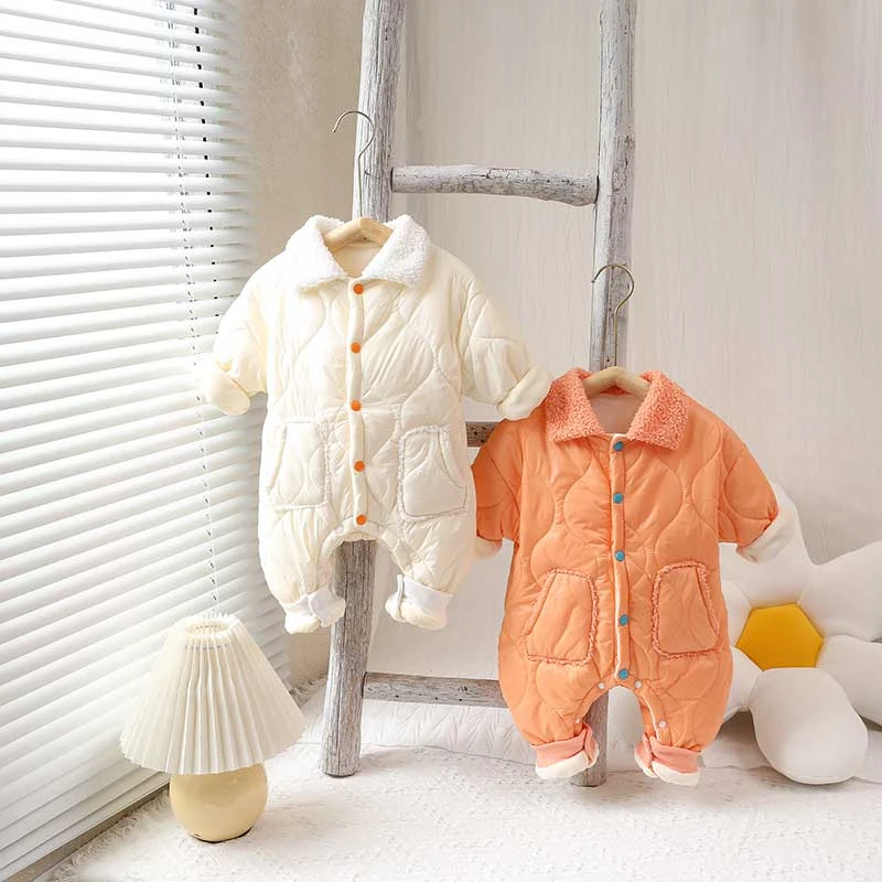 婴儿棉连体衣男女宝宝保暖简约双兜葫芦冬季加绒薄棉爬服外出服