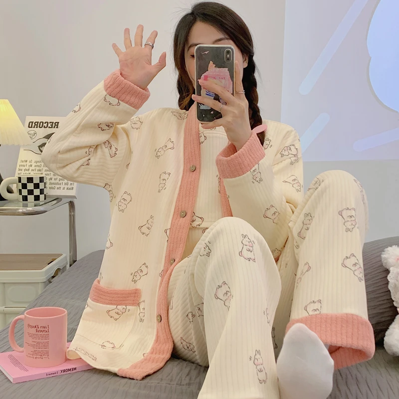 月子服产后加厚秋冬款三件套空气棉孕妇睡衣冬天哺乳孕期专用怀孕