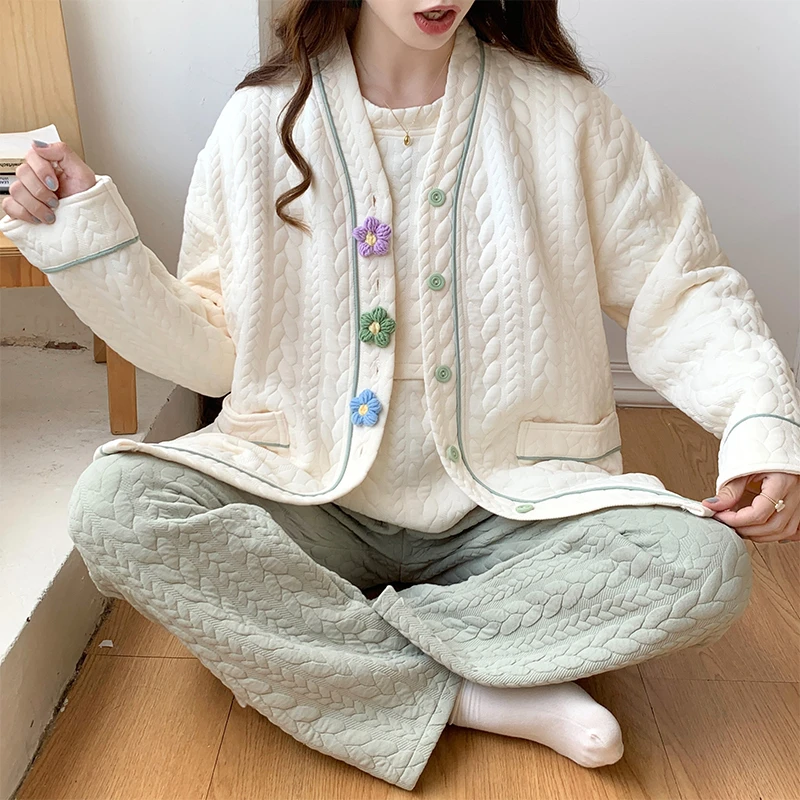 月子服产后加厚三件套空气棉秋冬款孕妇哺乳睡衣冬季家居11月份12