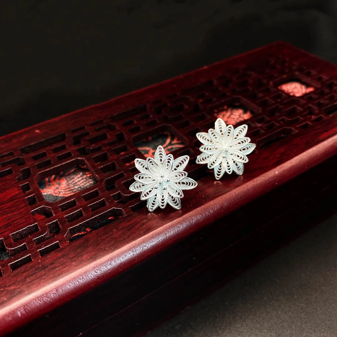 足银耳饰 足银花丝七叶耳花耳钉-时尚精致