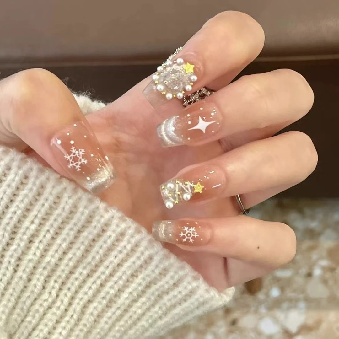 【圣诞初雪】纯手工穿戴甲猫眼冰透简约气质显白可拆卸美甲