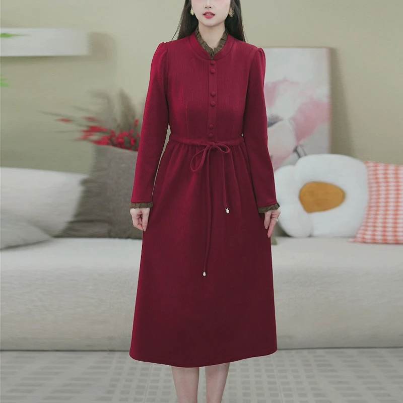 秋季新款2024文艺气质纯色连衣裙透气系带百搭显瘦长袖连衣裙608