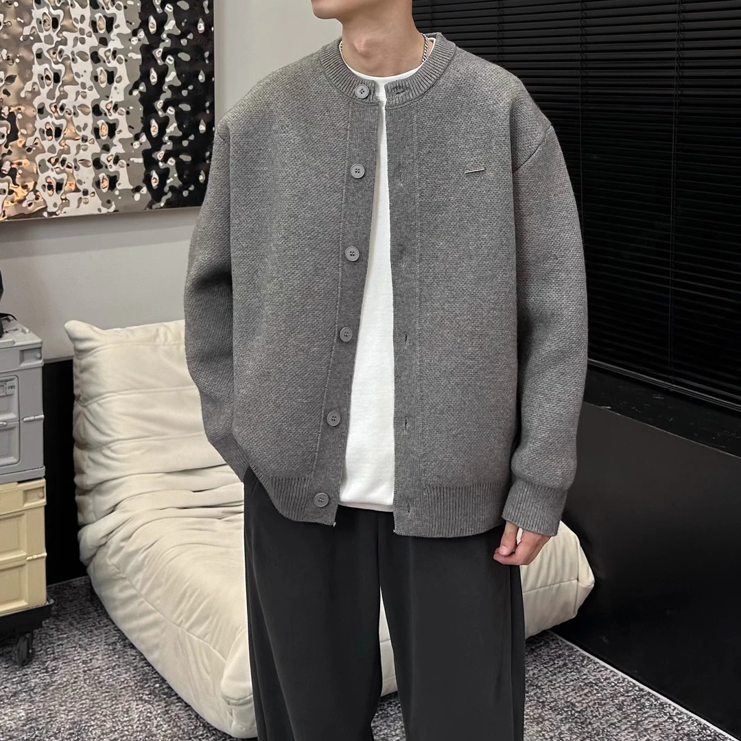 2024秋季新款棒球领粗针开衫纯色宽松休闲慵懒感毛衣外套男女同款