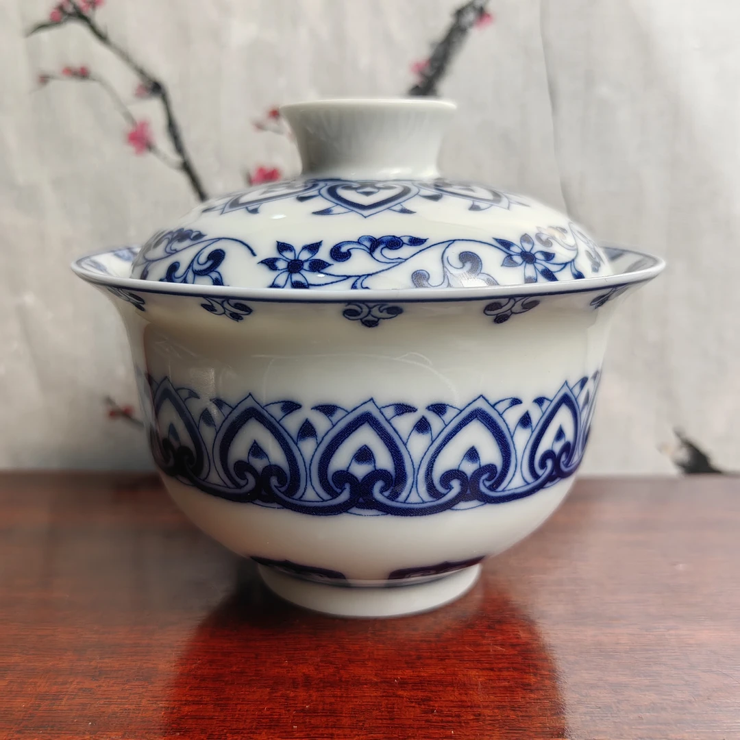 景德镇青花宝相纹二才盖碗不烫手泡茶碗家用陶瓷功夫茶具套装大号