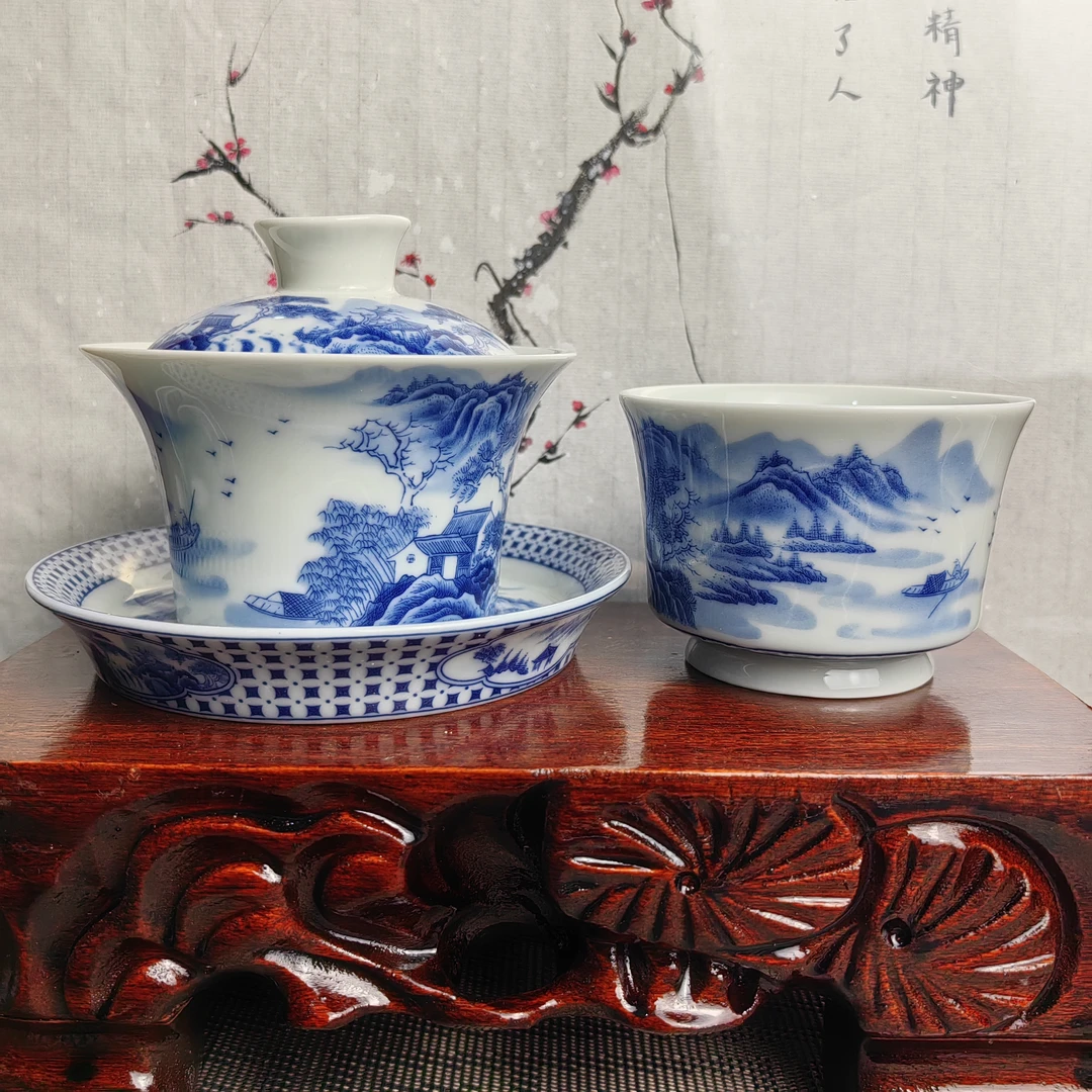 景德镇陶瓷青花釉下彩复古山水马蹄盖碗套组家用高级功夫茶具茶杯