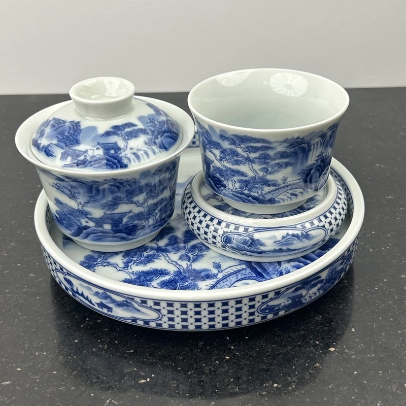 景德镇青花山水之巅岩茶小盖碗套组