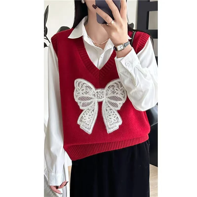 【蕾丝蝴蝶结】v领针织马甲背心女秋冬新款宽松外穿马甲叠穿毛衣潮