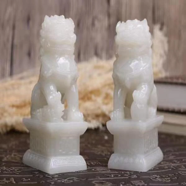 白玉色狮子摆件一对北京狮室内狮家居工艺品树脂摆件桌面摆设品