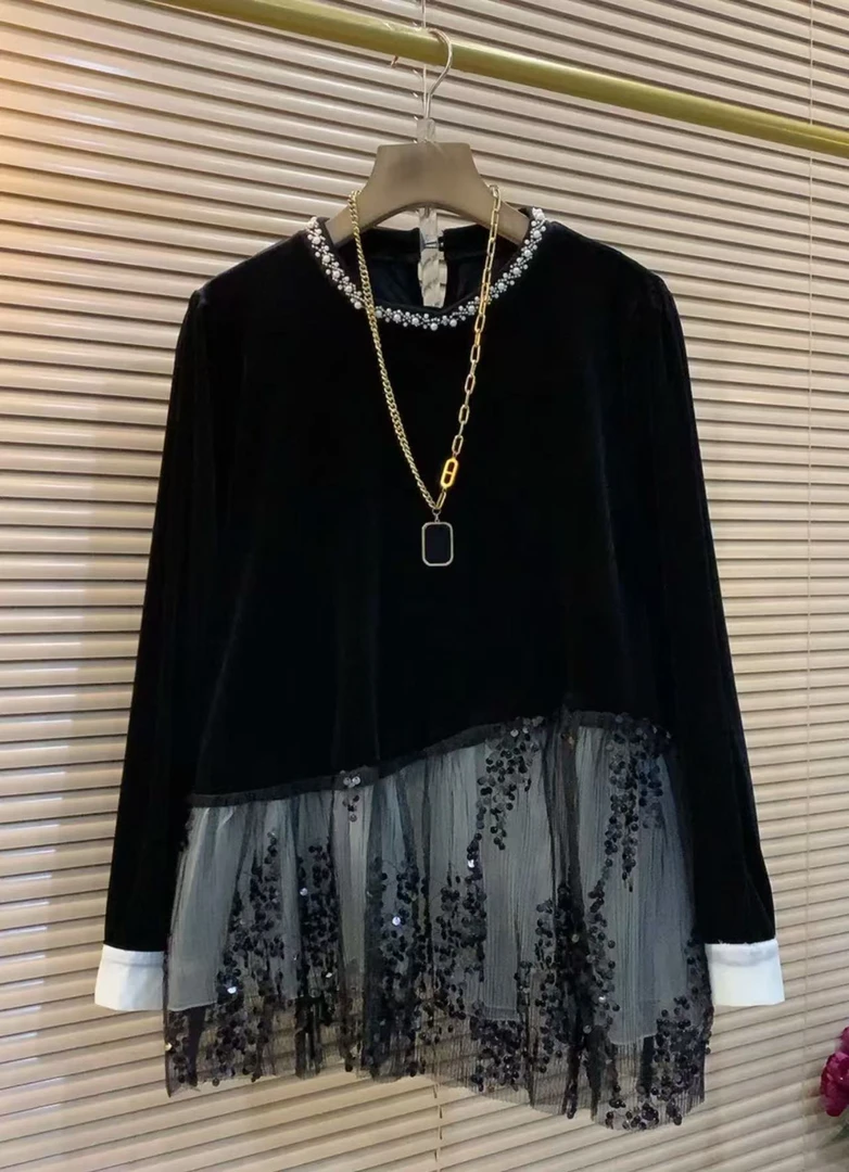 欧货时尚重工钉珠打底衫秋冬新款大码女装亮片蕾丝拼接显瘦女人衫