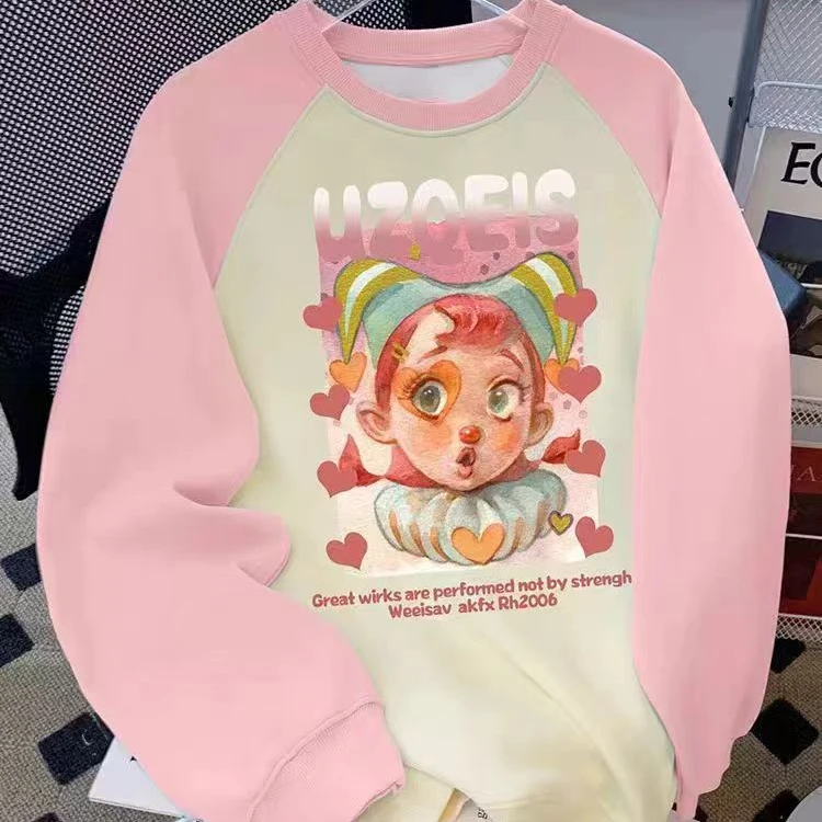 2024品牌童装春秋新款中大童女童插肩长袖拼接卡通超好看圆领长袖