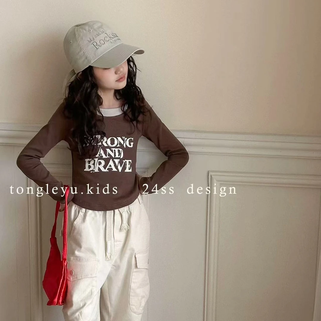 2024秋款春秋新女童长袖假两件T恤中大童韩版洋气修身百搭打底衫