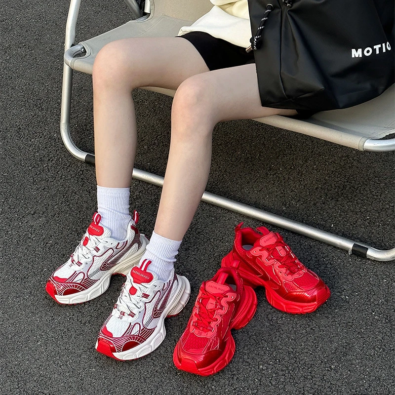 欧洲站真皮透气老爹鞋女2024春新款松糕跟增高学生百搭休闲运动鞋