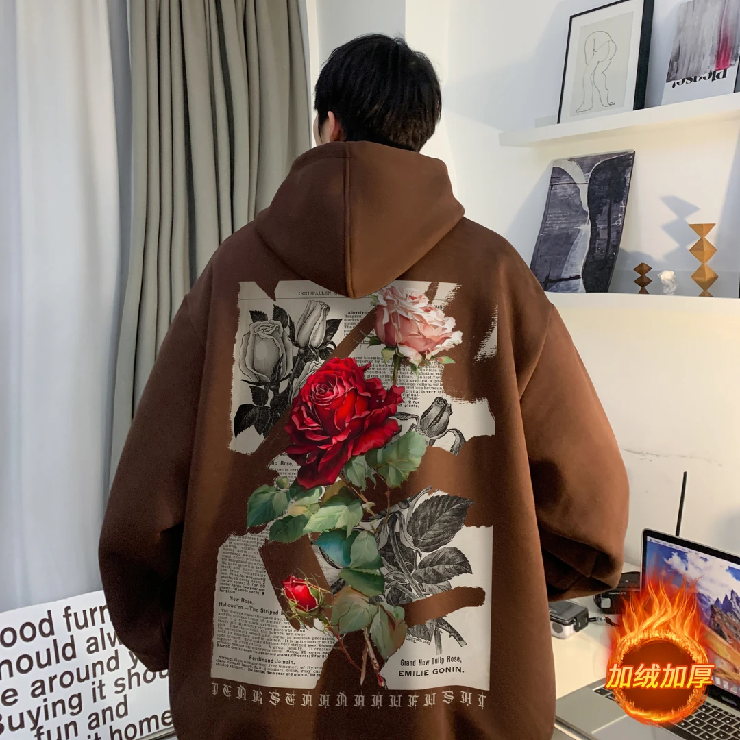 玫瑰花oversize重磅质感即墨卫衣男秋冬加绒加厚美式百搭连帽外套