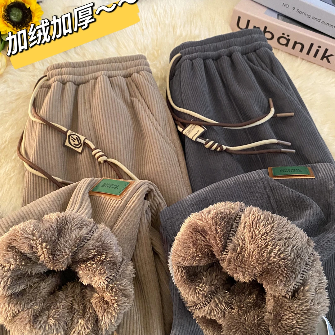 灯芯绒咖色百搭束脚加绒卫裤男秋冬美式潮牌宽松直筒大码休闲裤子