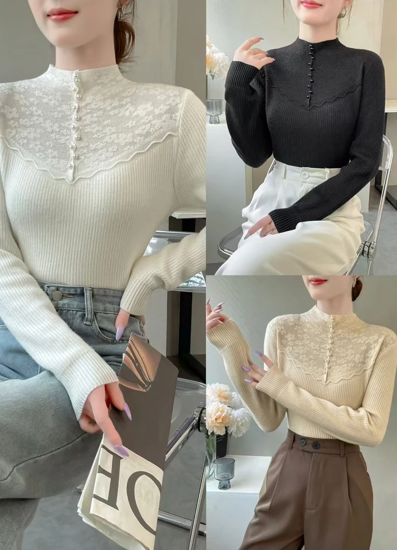 新款现货蕾丝重工加绒加厚珍珠打底衫长袖网红洋气时尚百搭修身