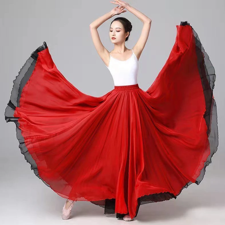 720度双层大摆裙两面可穿高腰红色舞台超大摆