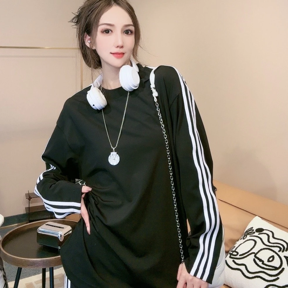 【经典T恤】时尚圆领条纹百搭宽松休闲上衣长袖T恤09-22187