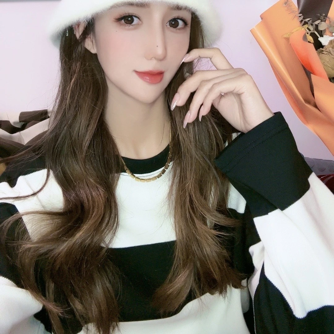 【抹茶拿铁】时尚潮流百搭撞色条纹长袖套头毛衣08-22216