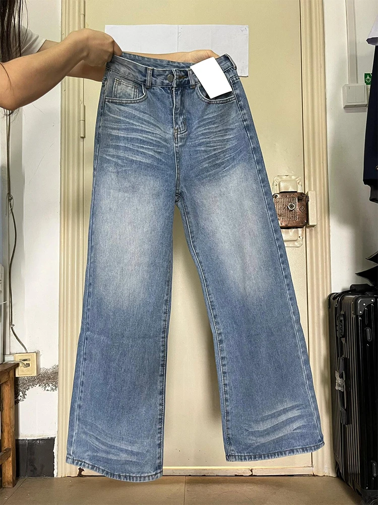 夏季设计感牛仔裤水洗复古直筒裤女浅蓝色潮流长裤宽松拖地裤潮
