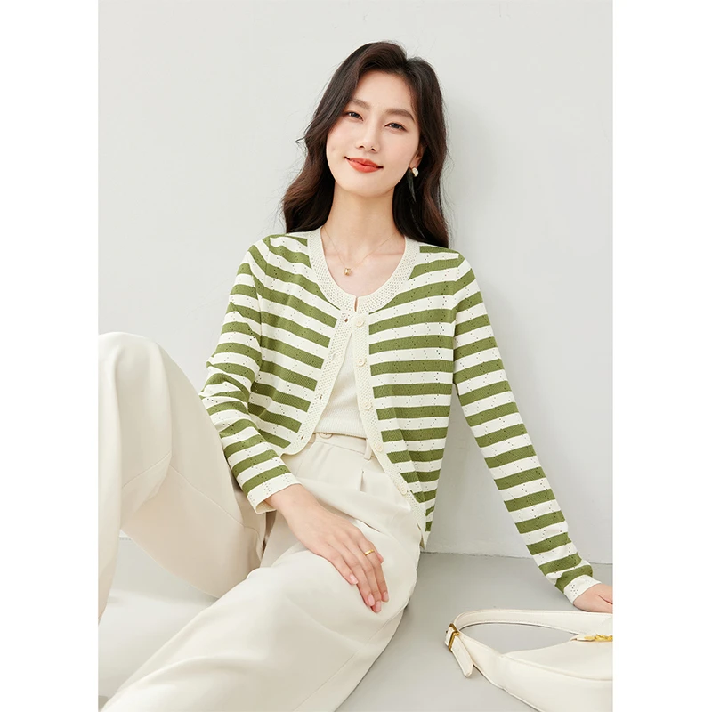 *梵希蔓优雅淑女小清新针织衫春秋新款高弹舒适条纹开衫72888