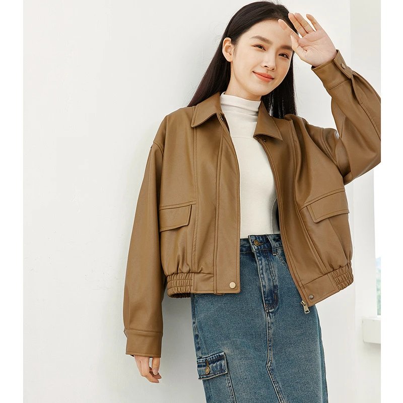 *梵希蔓复古美式时尚pu皮衣春秋新款翻领百搭落肩袖外套皮衣M5708