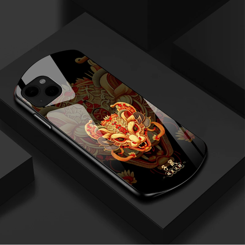 【弧形玻璃吉祥生肖】适用苹果13手机壳椭圆形保护套硬壳时尚个性