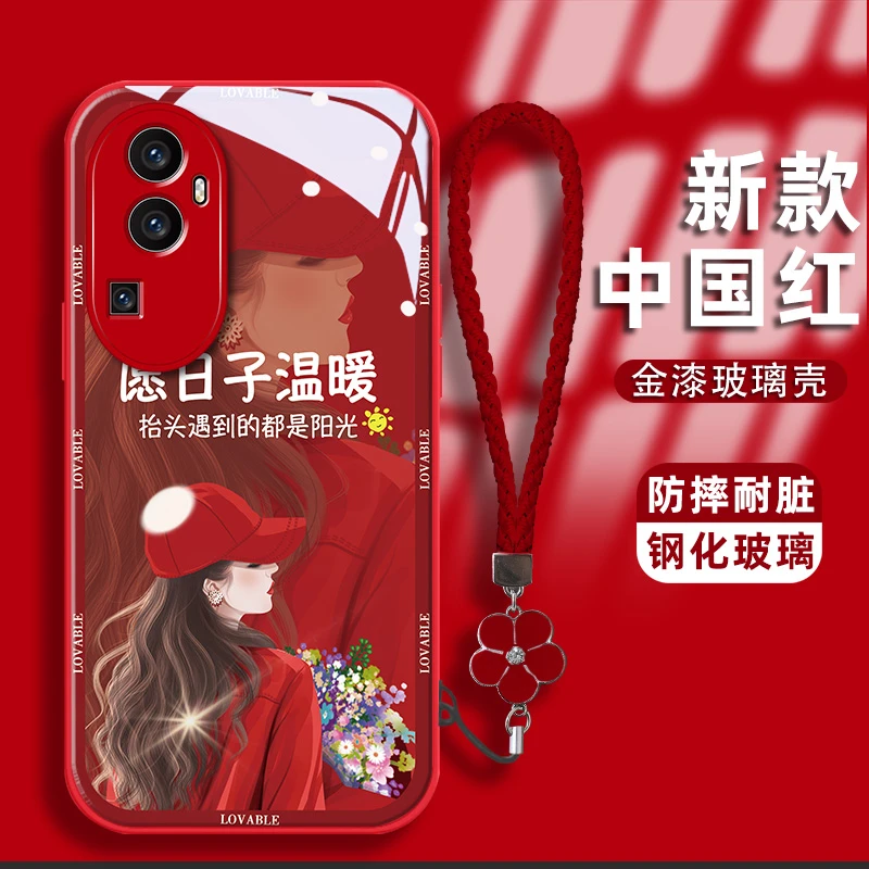 适用opporeno10pro手机壳卷发女孩金漆钢化玻璃壳全包耐脏保护