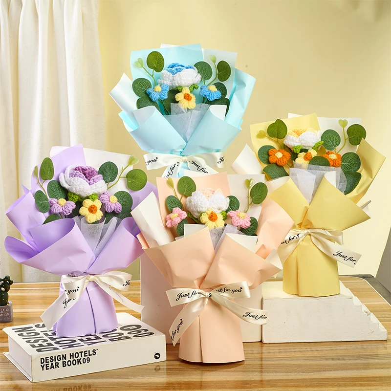 成品针织玫瑰毛线花渐变小花束编织生日闺蜜毕业季教师节礼物