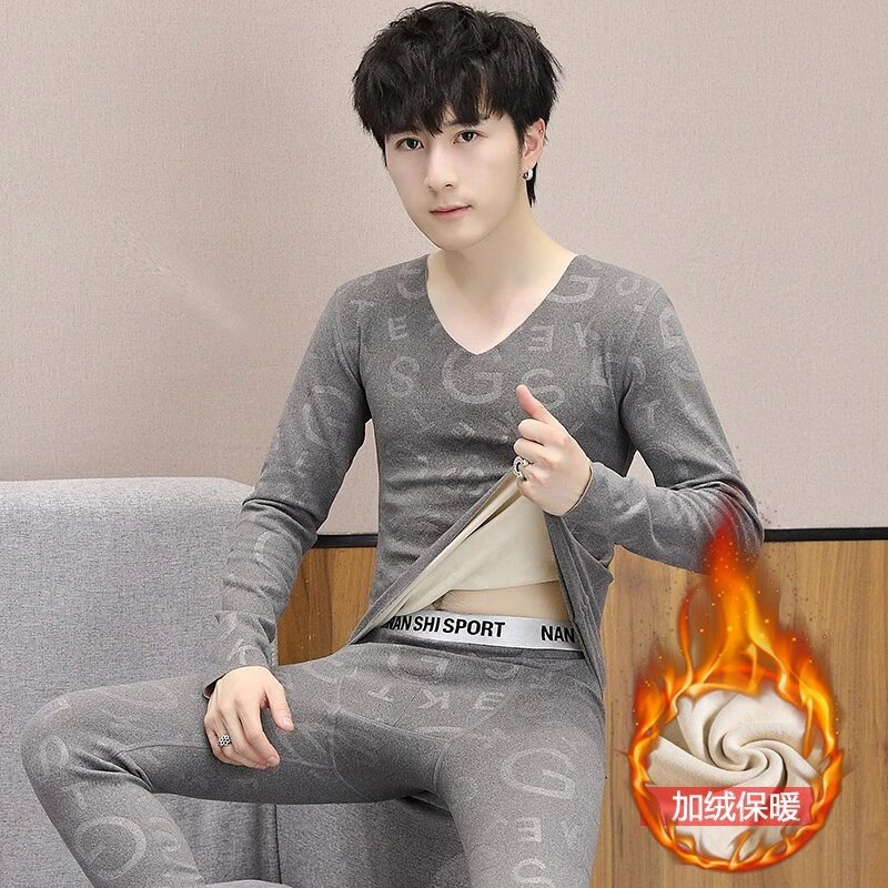 秋冬德绒发热保暖内衣2024男士青年压花秋衣秋裤套装【206】