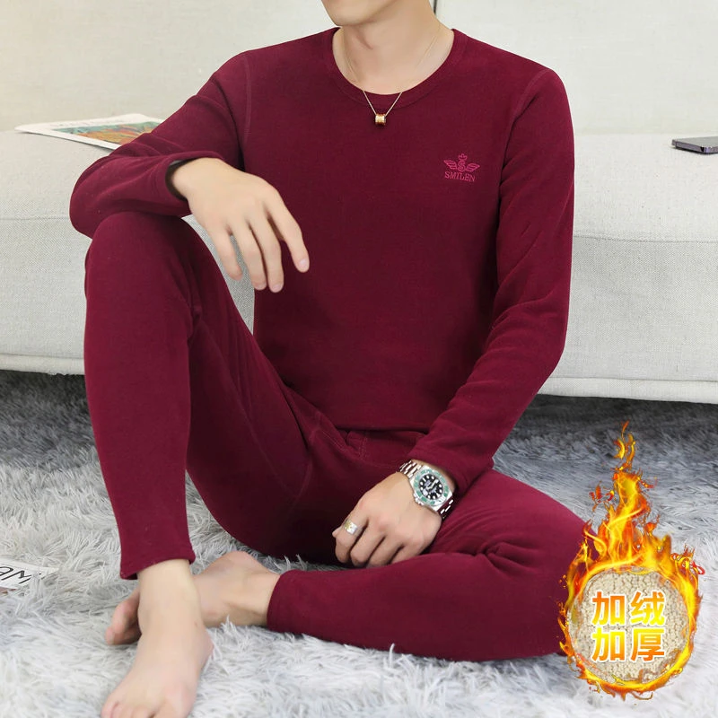 本命年中老年男士保暖内衣套装加绒加厚冬季龙年红色德绒秋衣秋裤