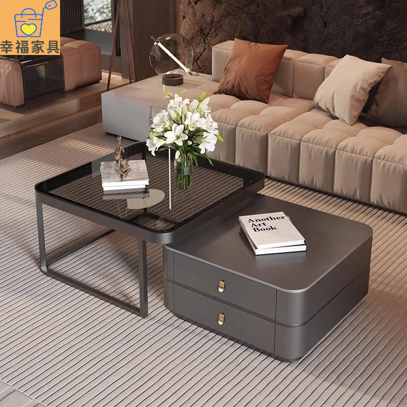 意式可伸缩方形岩板茶几小户型家用客厅现代简约网红钢化玻璃桌子