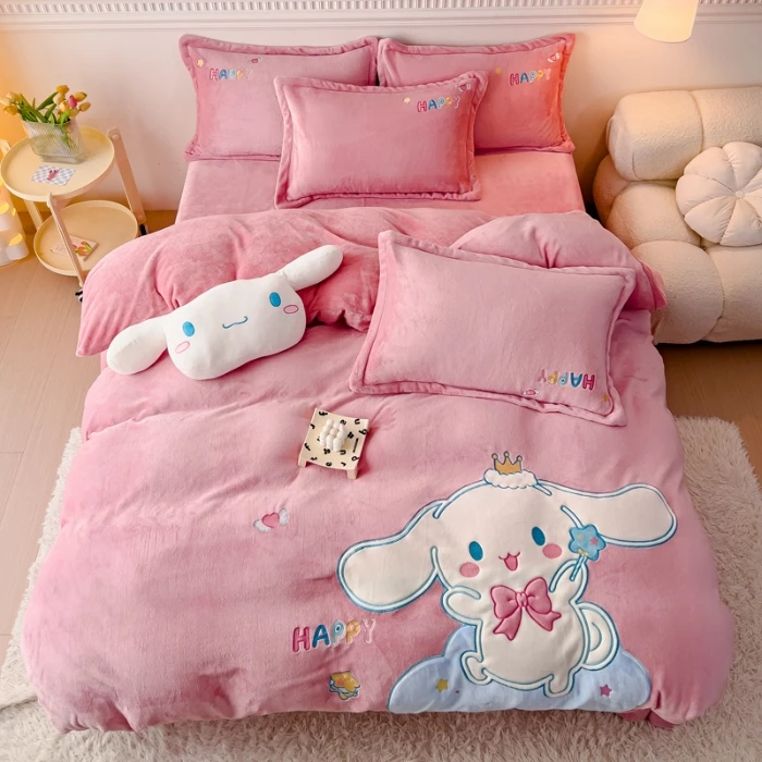 玉贵狗女孩粉色四件套牛奶绒冬季加厚保暖被套儿童单人床用三件套
