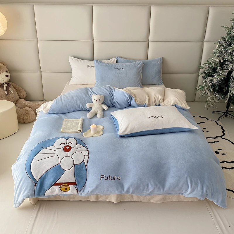 哆啦A梦牛奶绒儿童四件套卡通法莱绒三件套1.5被套加绒叮当猫冬天