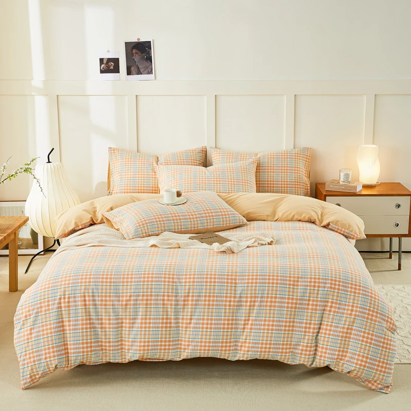 【超级红】彩格-桔 全棉色织水洗棉四件套